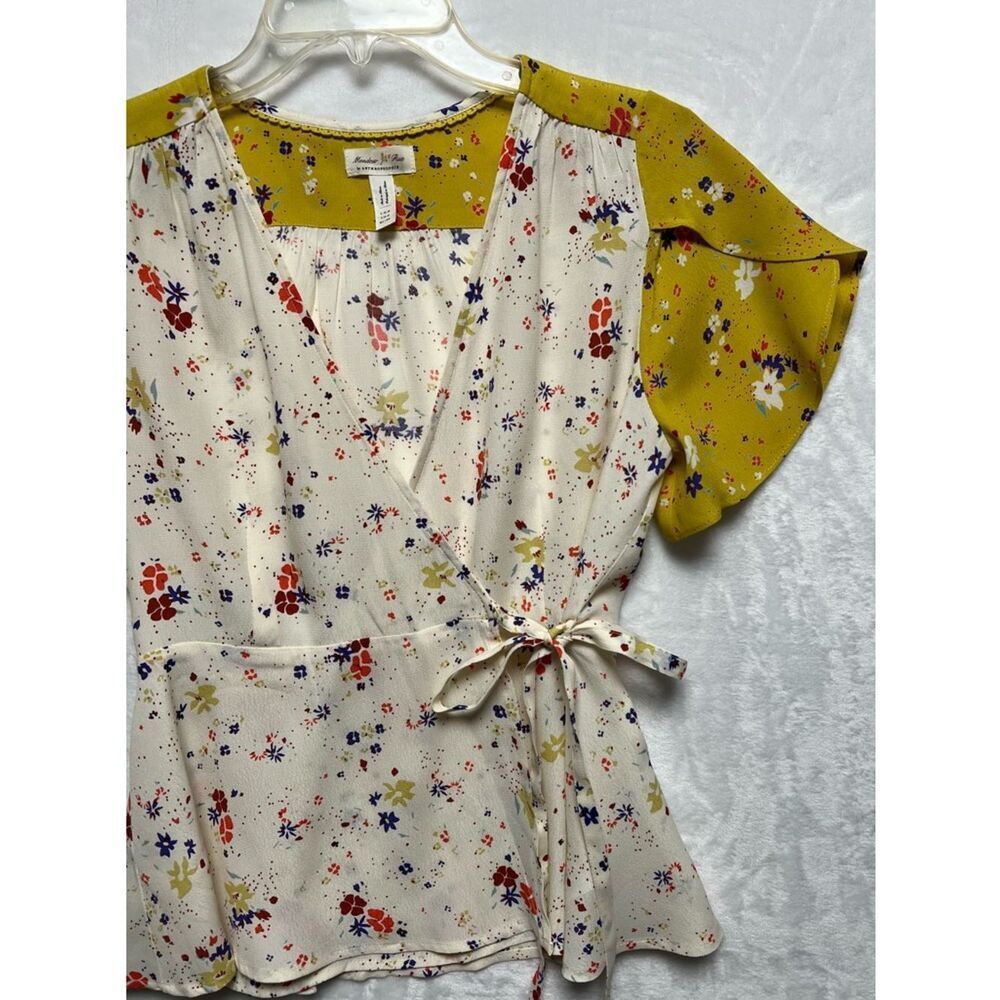 Meadow Rue Anthropologie Blouse Womens Size 2 Ivory Floral Wrap V-Neck Tie - Picture 3 of 7
